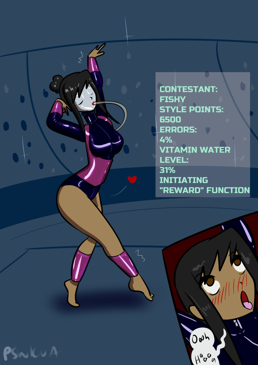 absurdres ahegao anklet black_hair blush breasts brown_eyes dancing female_only femsub fishy_(parangsakti) hair_buns large_breasts latex leotard long_hair mask open_mouth original parangsakti simple_background solo standing tech_control text tongue tongue_out tubes user_interface watermark