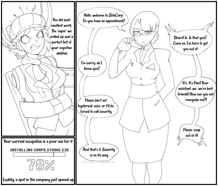 before_and_after character_request comic corporatification dialogue faetomi female_only femsub glasses monochrome robot robot_girl suit tagme tech_control text