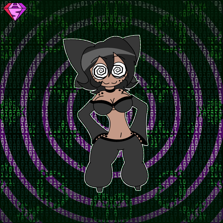 aged_up alternate_costume arm_warmers bare_shoulders black_hair bow choker cleavage dancer dark_skin eyebrows_visible_through_hair eyelashes femsub freckles goth hand_on_hip happy_trance harem_outfit hypnoscream hypnotized_hypnotist large_breasts looking_at_viewer midriff murder_drones navel pants ring_background shiny_hair short_hair shortstack simple_background smile spiralwash_eyes standing story tessa_james_elliot wide_hips