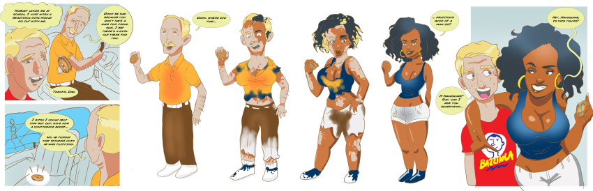 ass_expansion before_and_after black_hair blonde_hair blue_eyes breast_expansion breasts brown_eyes cleavage comic dark_skin darkoshen earrings ebonization freckles hypnotic_accessory jewelry multicolored_hair mustache original text transformation transgender white_background