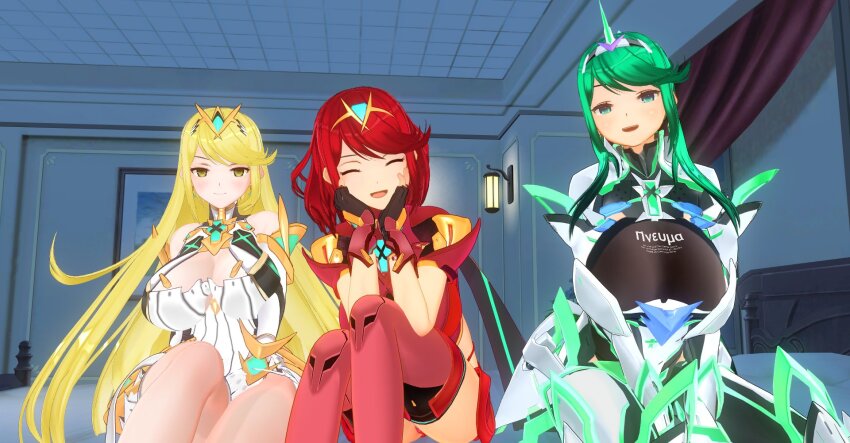 3d bed bedroom before_and_after blonde_hair boots cleavage closed_eyes custom_maid_3d_2 female_only gloves green_eyes green_hair hair_ornament hidoi_koto_suru_man high_heels huge_breasts long_hair looking_at_viewer multiple_girls mythra_(xenoblade) nintendo pneuma_(xenoblade) ponytail pyra_(xenoblade) red_hair short_hair sitting smile thigh_boots thighhighs xenoblade_chronicles xenoblade_chronicles_2 yellow_eyes