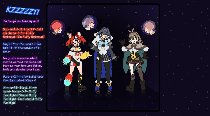 blue_hair brain_drain clothed crossed_eyes dialogue femsub fur_coat hakos_baelz hololive hololive_english kronii_ouro maledom microchip multiple_girls mumei_nanashi red_hair resisting sexism unlikely virtual_youtuber