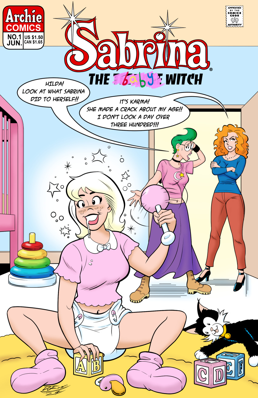 age_regression blonde_hair brain_drain breasts character_request dialogue diaper djkazoo drool green_hair happy_trance long_skirt magic orange_hair sabrina_(archie) sabrina_the_teenage_witch skirt text