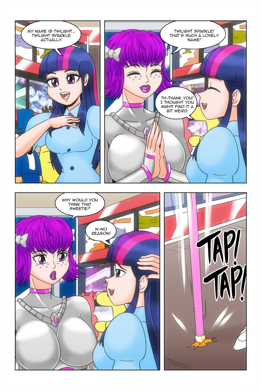 bow comic equestria_girls freckles kimberly_smith_(daveyboysmith9) large_breasts long_hair multicolored_hair my_little_pony open_mouth original purple_eyes purple_hair purple_lipstick smile staff story text twilight_sparkle wadevezecha