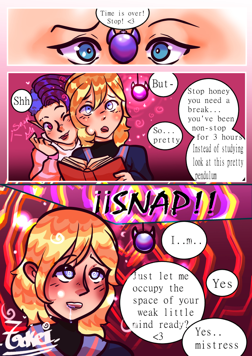 before_and_after blonde_hair blue_eyes comic drool femdom femsub finger_snap keito_(tokei-chan) ki_(tokei-chan) original pendulum pink_eyes purple_hair simple_background spiral_eyes symbol_in_eyes text tokei-chan wholesome