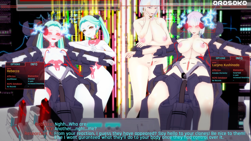 3d breasts cyberpunk_(series) cyberpunk_edgerunners dual_persona english_text femsub lucy_(cyberpunk) nipples nude pengi13 rebecca_(cyberpunk) tagme tech_control text