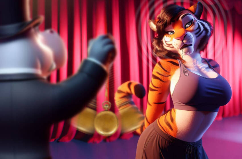 ai_art altered_common_sense animal_ears clothed dazed drool empty_eyes female_only femsub furry harry_hippo_(hypnopotamus) hippo_boy open_mouth original pocket_watch spiral_eyes symbol_in_eyes thehypnopotamus tiger_girl