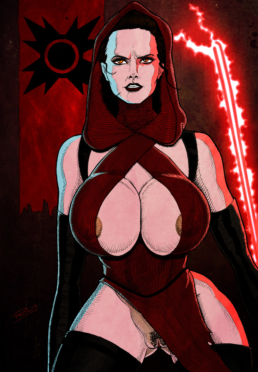 absurdres angry bare_shoulders bimbofication black_hair bottomless breasts cleavage corruption erect_nipples female_only large_breasts lightsaber peevovareq pussy red_lipstick rey_(star_wars) solo standing star_wars thighhighs unhappy_trance yellow_eyes