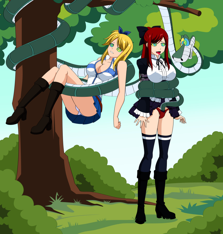 absurdres blonde_hair breasts cleavage coils crotch_rub disney drool erect_nipples erza_scarlet fairy_tail femsub happy_trance hypnotic_eyes jimryu kaa kaa_eyes large_breasts long_hair lucy_heartfilia multiple_girls open_mouth panties red_hair smile snake the_jungle_book tongue tongue_out underwear