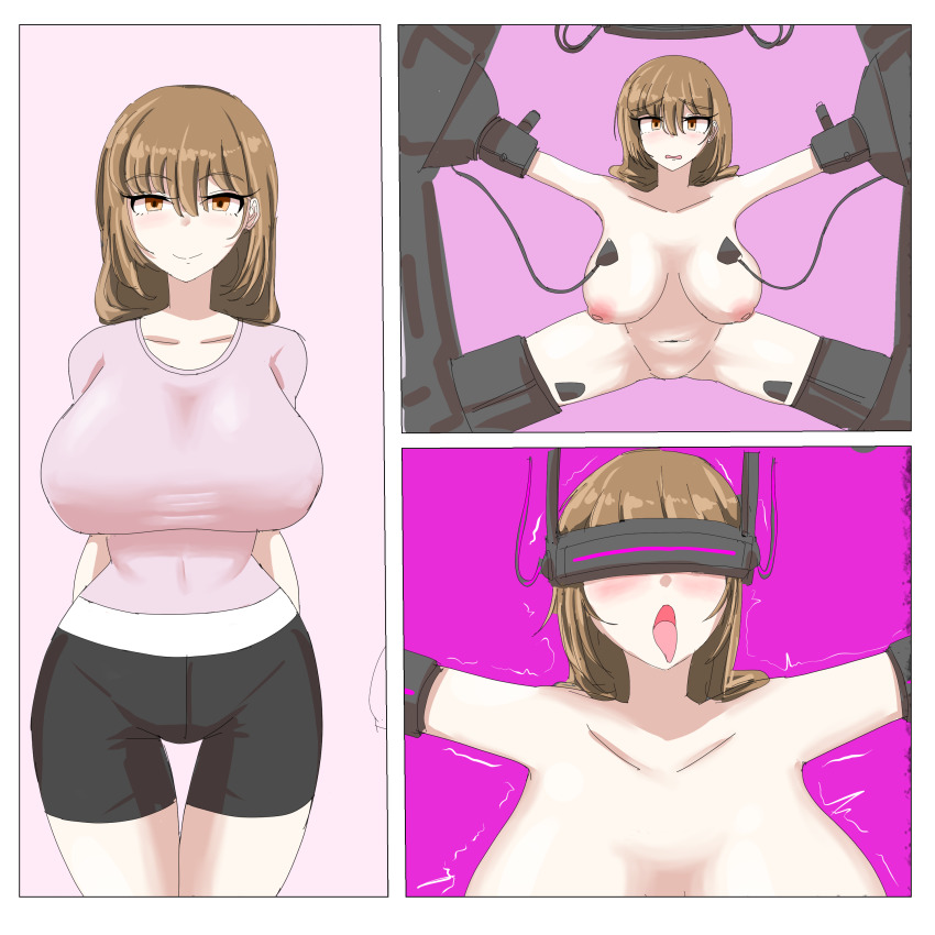 before_and_after blush bottomless breasts brown_eyes brown_hair cables comic corruption female_only femsub huge_breasts long_hair looking_at_viewer multiple_views nude open_mouth restrained shirt shorts simple_background smile spread_legs standing tech_control tight_clothing tongue tongue_out topless trembling visor xipa
