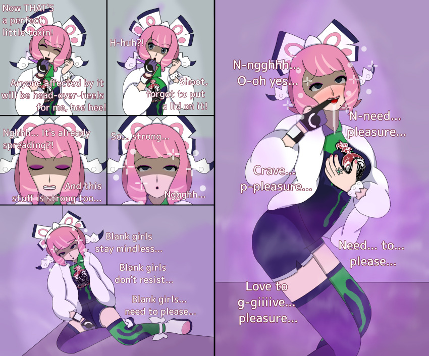 absurdres accidental_hypnosis before_and_after blue_eyes blush bow bracelet breasts bubble clothed comic dazed dialogue drool empty_eyes english_text esbypno eye_roll eyebrows_visible_through_hair female_only femsub finger_in_mouth gloves happy_trance holding_breasts hypnotic_gas klara_(pokemon) limp mantra mole nintendo open_mouth pink_hair pokemon pokemon_sword_and_shield resisting sequence short_hair solo text thighhighs tongue_out