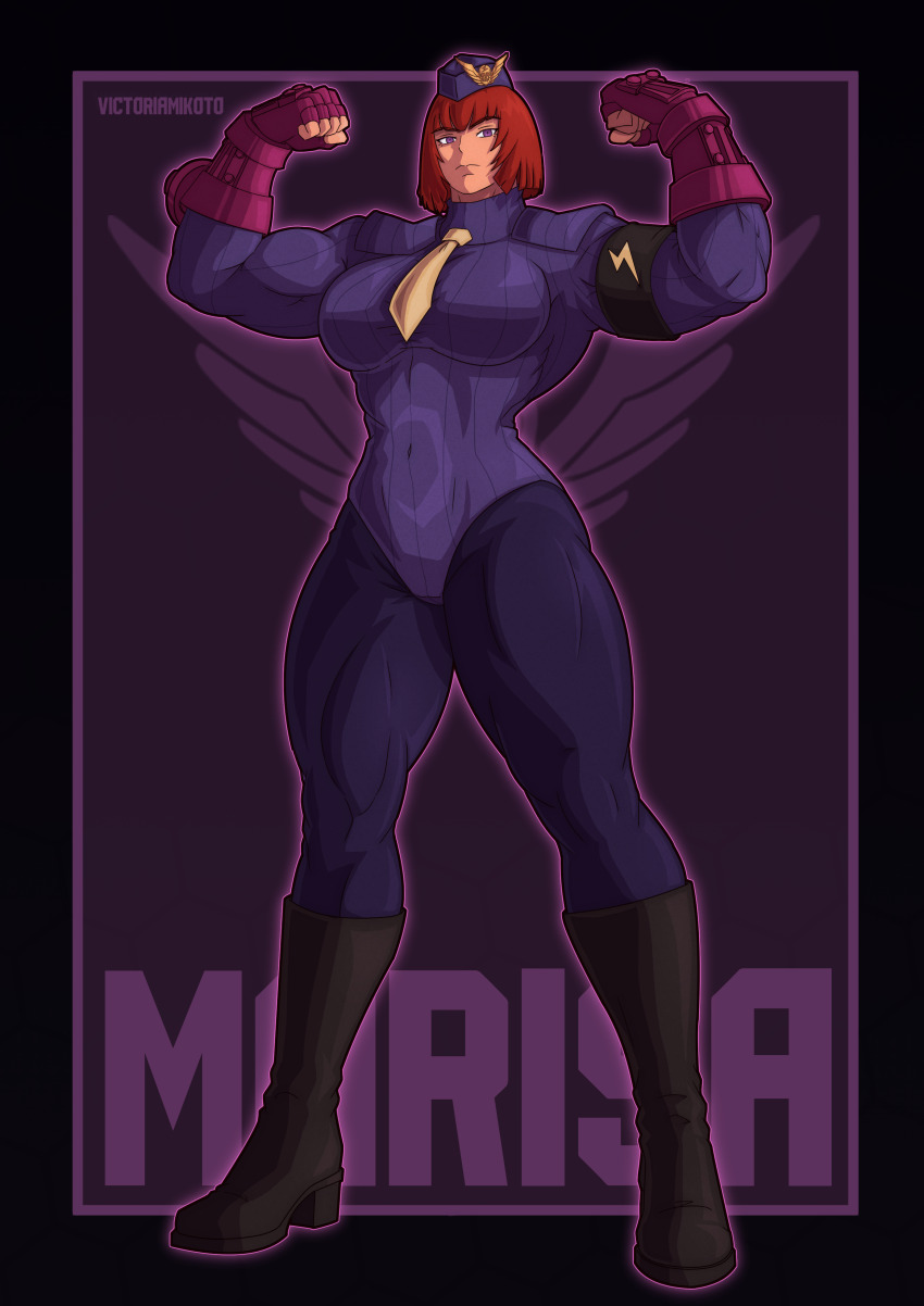 arm_bands boots female_only femsub fingerless_gloves gloves hat leggings leotard marisa_(street_fighter) muscle_girl purple_eyes red_hair shadaloo_dolls signature street_fighter tie victoriamikoto