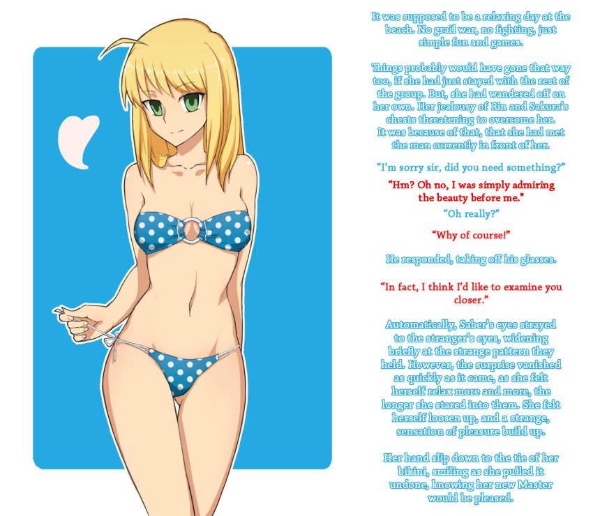 ahoge ar bikini blonde_hair caption cleavage collarbone empty_eyes fate/stay_night fate/zero fate_(series) female_only femsub green_eyes happy_trance heart long_hair manip masta_(manipper) saber side-tie_panties simple_background smile solo swimsuit text