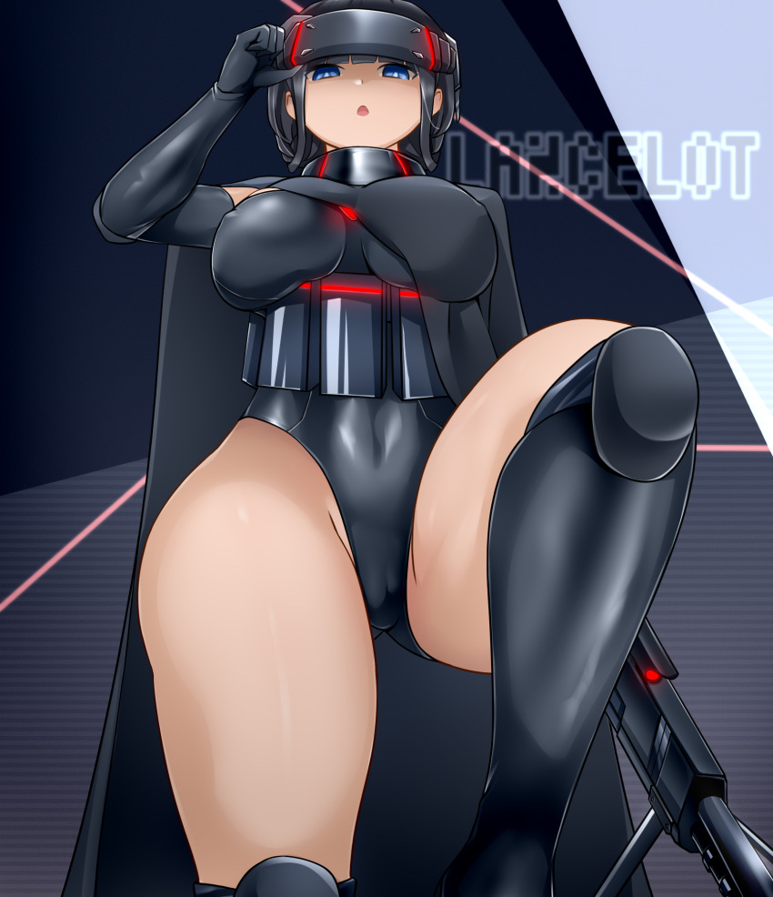 black_hair blue_eyes breasts cameltoe corset empty_eyes erect_nipples erect_nipples_under_clothes gloves gun high_heels large_breasts leotard looking_at_viewer open_mouth opera_gloves rubber short_hair sin_(artist) tech_control text thick_thighs unhappy_trance visor weapon