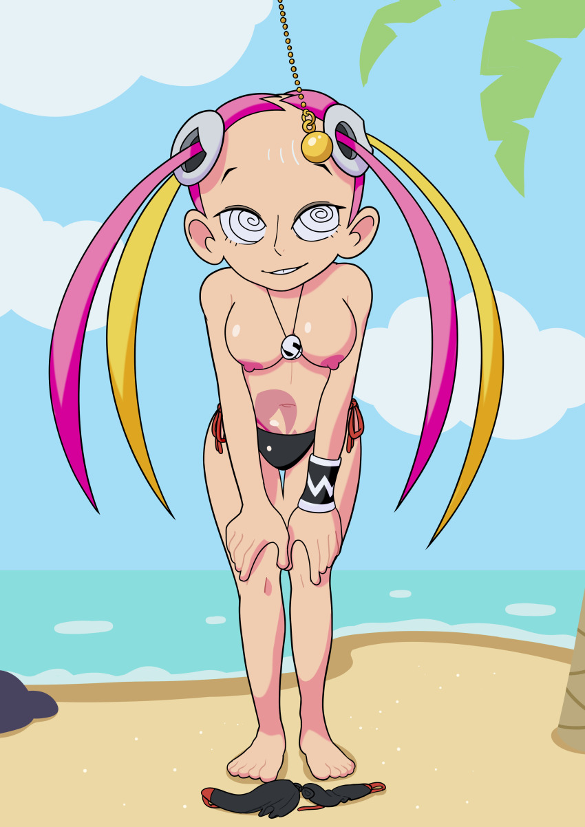 absurdres beach bikini_bottom blonde_hair breasts female_only femsub hanging_breasts happy_trance kyrielle leaning_forward long_hair multicolored_hair navel nintendo nipples pendulum pink_hair plumeria_(pokemon) pokemon pokemon_sun_and_moon smile solo spiral_eyes symbol_in_eyes topless twintails