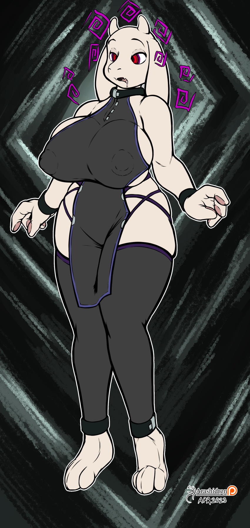 absurdres arashidrgn barefoot bracelet breasts clothed collar deltarune drool erect_nipples_under_clothes feet female_only femsub furry goat_girl horns huge_breasts milf non-human_feet open_mouth red_eyes ring_eyes signature simple_background solo spiral thighhighs toriel_dreemurr undertale white_skin