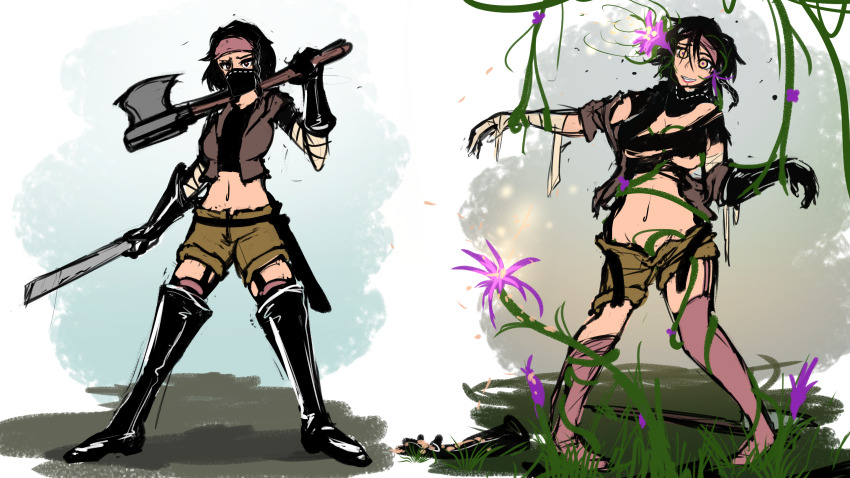 bandana before_and_after black_hair boots brown_eyes empty_eyes femsub flower gloves glowing hypnotic_gas hypnotic_plant knife midriff original plant shorts torn_clothes undressing vines weapon zko