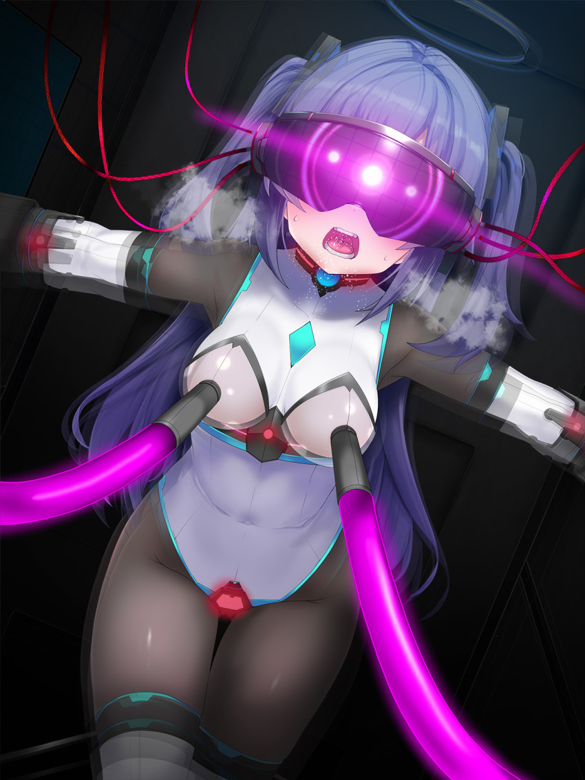 bantosuzune blue_archive blue_eyes blue_hair blush bodysuit boots breast_sucking breath cables collar corruption drool female_only femsub gloves glowing halo leotard long_hair milking_machine nipples open_mouth restrained sex_machine solo sweat tech_control thigh_boots thighhighs twintails vaginal wires yuuka_(blue_archive)