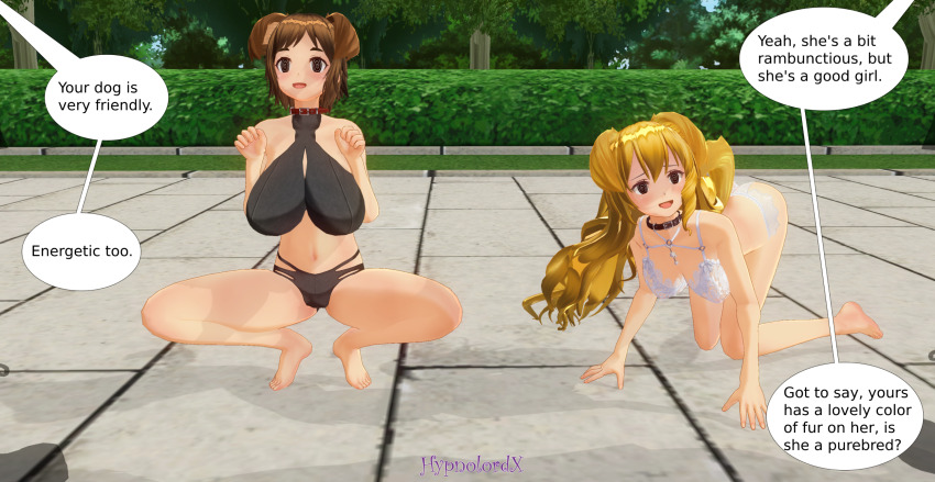3d all_fours barefoot blonde_hair breasts brown_hair collar custom_maid_3d_2 dialogue dog_ears dog_girl dog_pose feet femsub happy_trance hypnolordx pet_play spiral_eyes symbol_in_eyes tail text