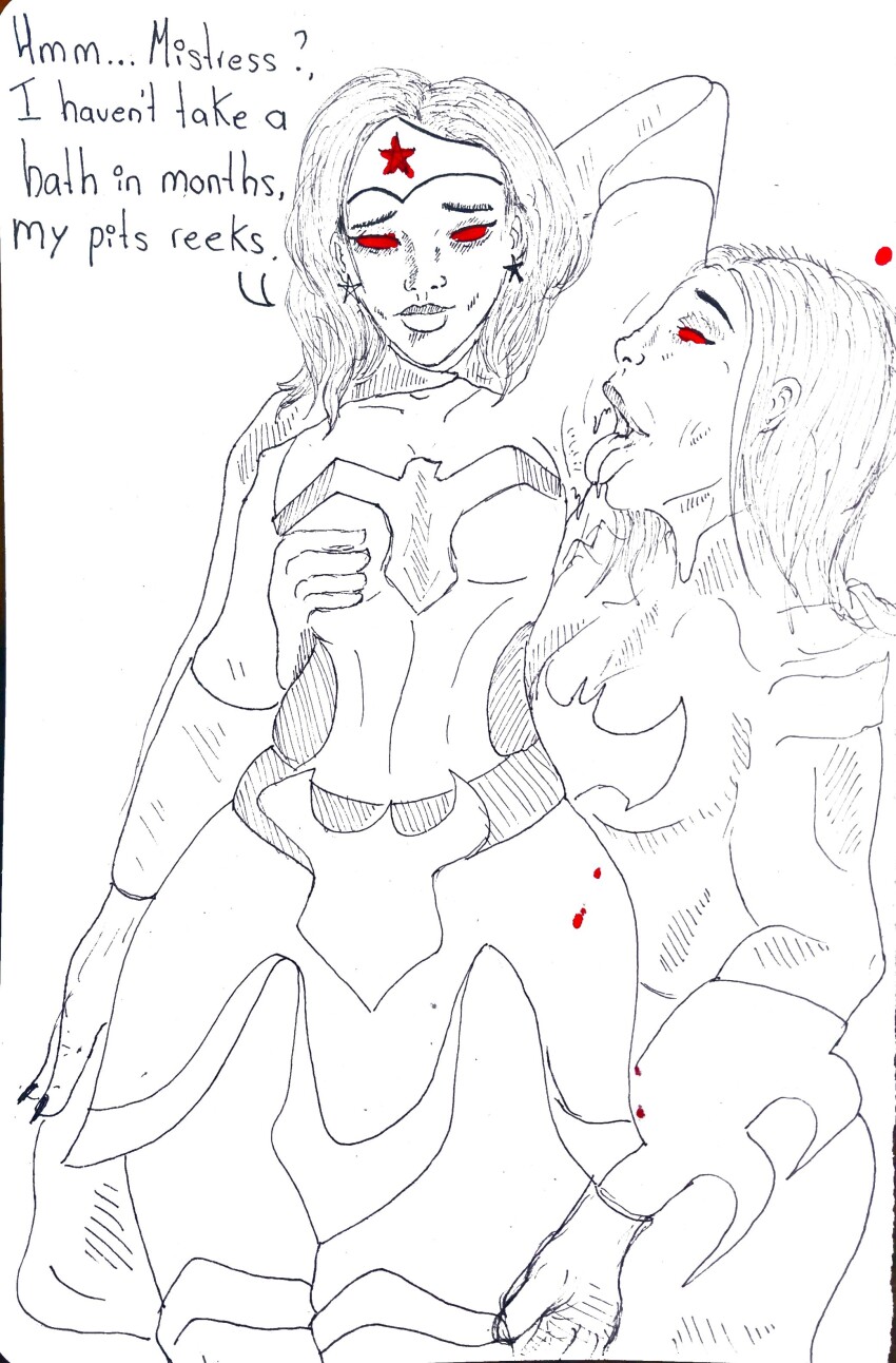 absurdres armpit_licking armpits arms_above_head batgirl circlet clothed dc_comics dialogue earrings femdom femsub glowing_eyes holding_breasts licking long_hair perroloco08 red_eyes simple_background sketch smile text tongue tongue_out vampire white_background wonder_woman