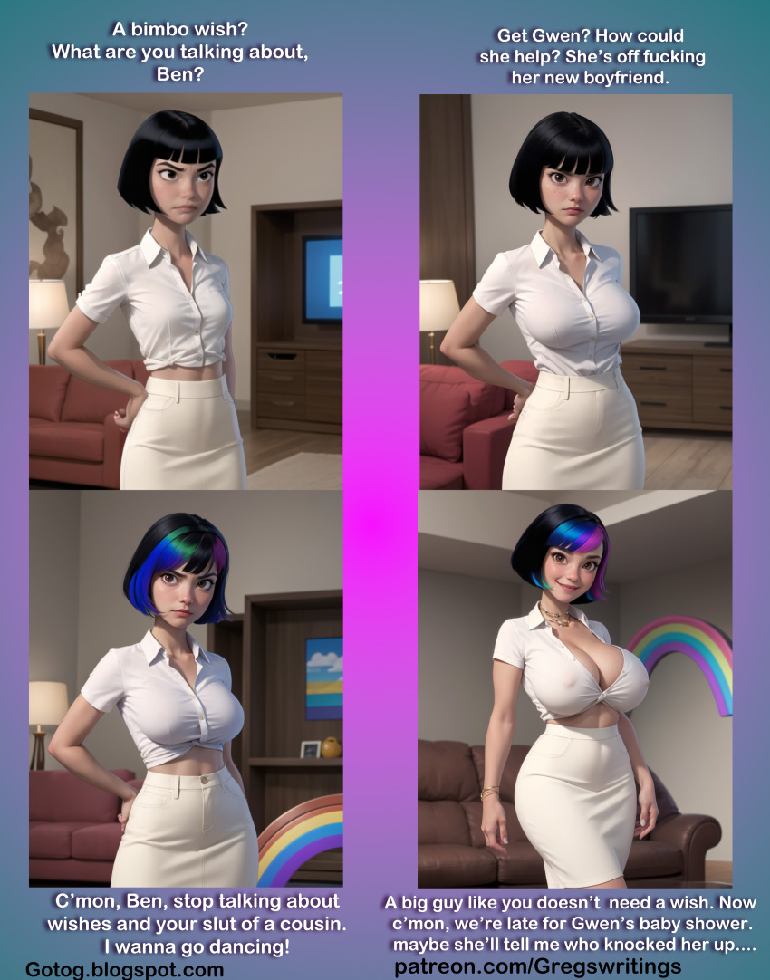 ai_art before_and_after ben_10 bimbofication breast_expansion breasts caption cleavage femsub gregory_michelson_(generator) julie_yamamoto large_breasts manip multicolored_hair sequence text transformation