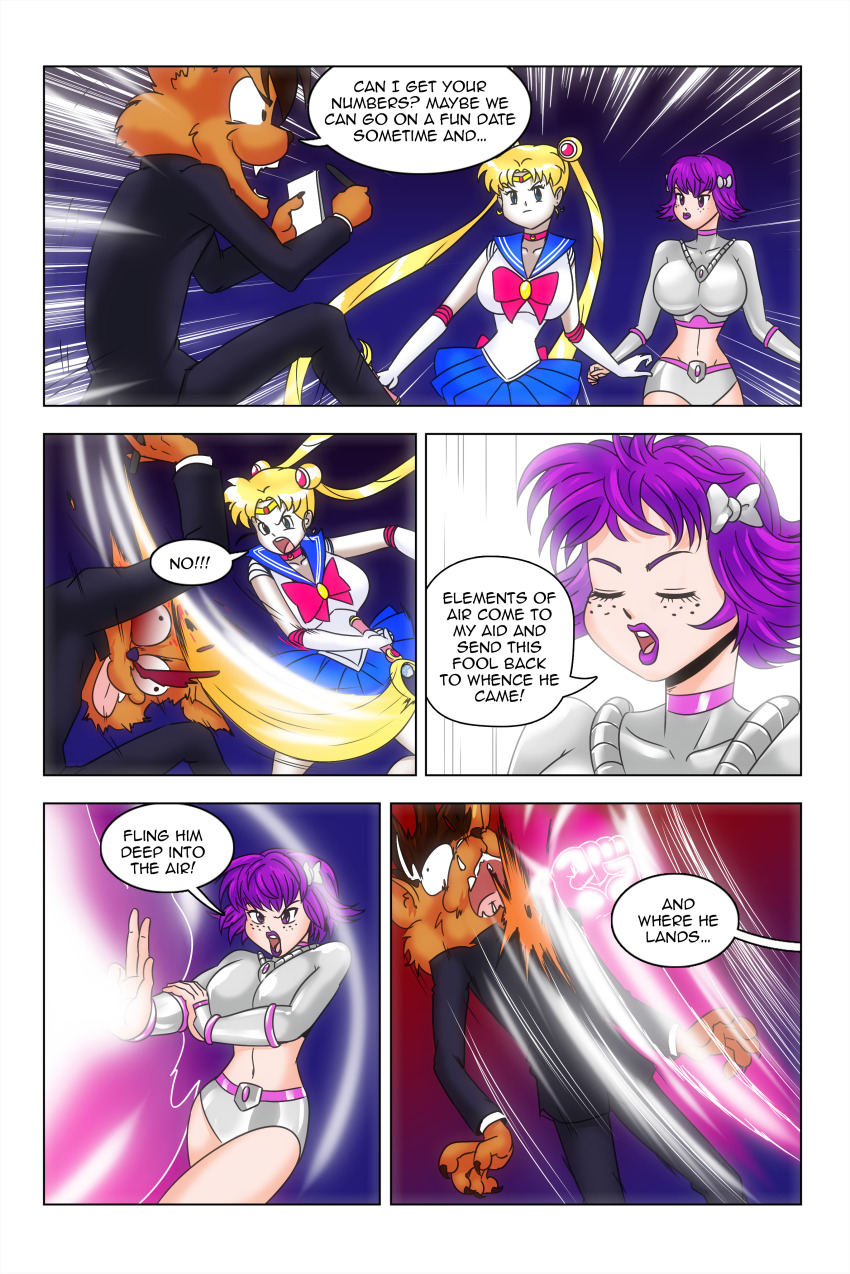 ataru_moroboshi blue_eyes bow choker comic crossover dialogue earrings freckles furry hair_buns kimberly_smith_(daveyboysmith9) large_breasts long_hair magic midriff original purple_hair purple_lipstick sailor_moon sailor_moon_(series) school_uniform short_hair story text twintails urusei_yatsura wadevezecha wolf_boy