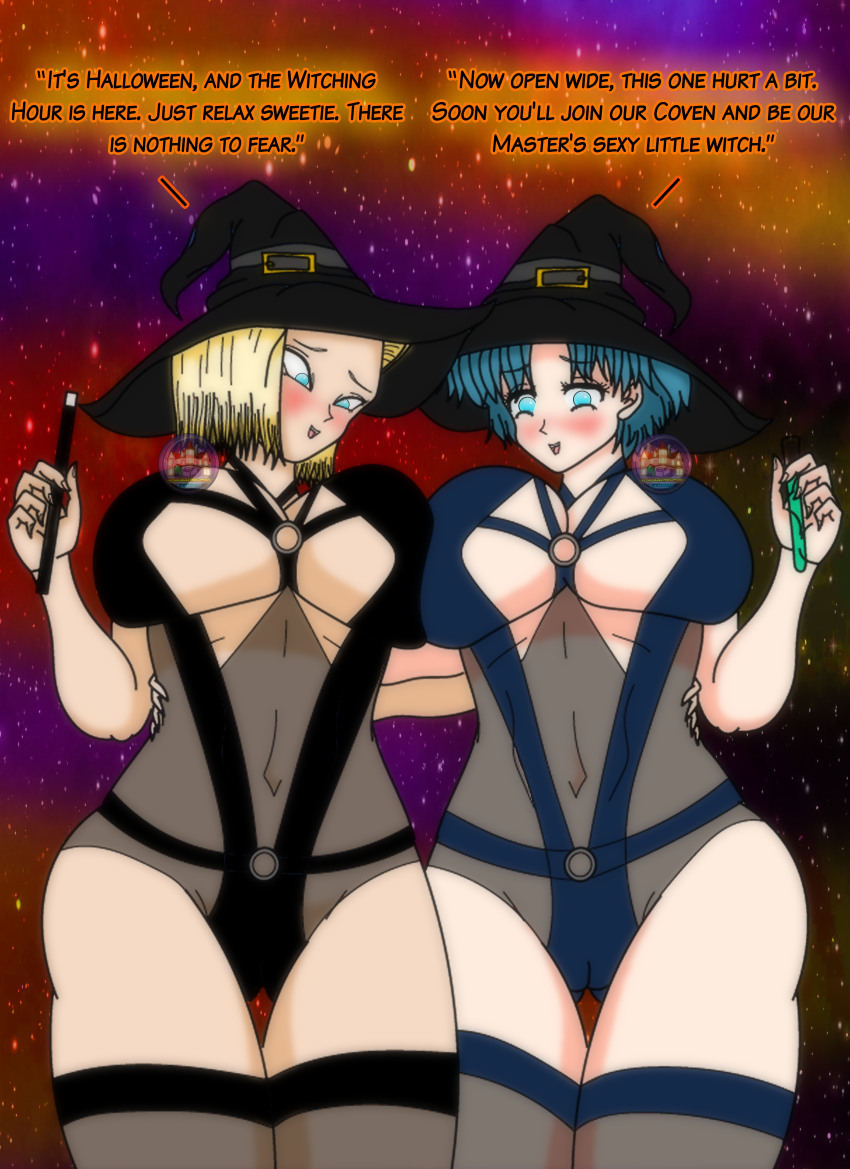 android_18 blonde_hair blue_eyes blue_hair blush breast_press breasts cleavage dragon_ball dragon_ball_z empty_eyes femsub halloween happy_trance hypnohouse large_breasts magic magic_wand potion sailor_mercury sailor_moon_(series) short_hair smile text witch