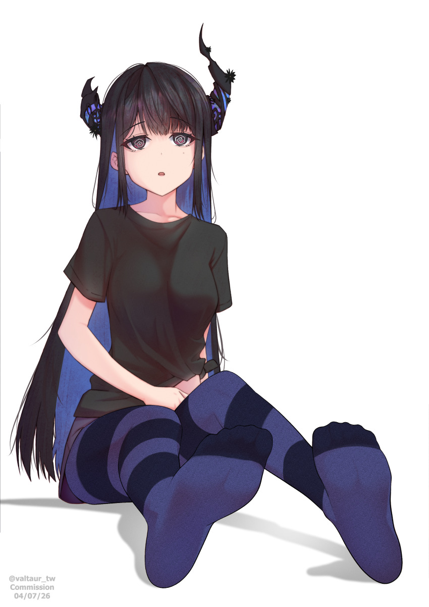 black_hair blue_hair feet female_only femsub hololive hololive_english horns multicolored_hair nerissa_ravencroft socks spiral_eyes striped_thighhighs thighhighs valtaur_tw virtual_youtuber