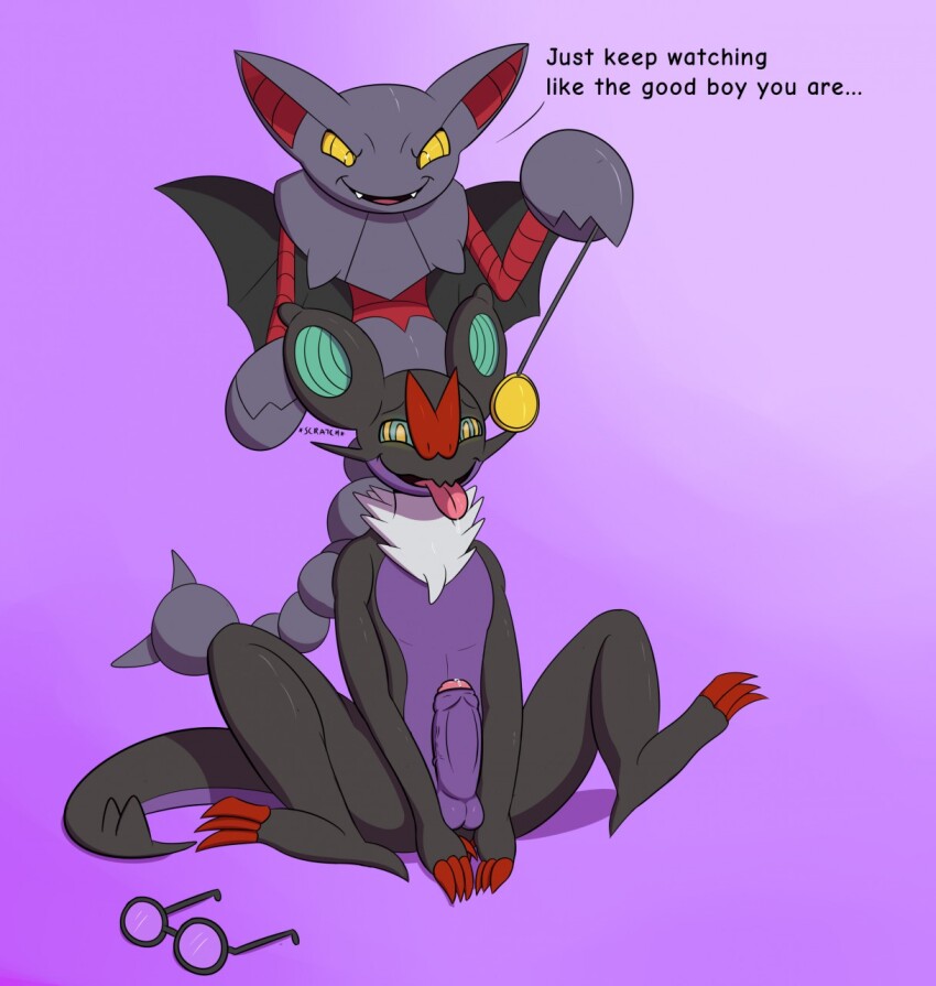 androgynous androgynous_dom animals_only bat bat_boy claws dabelette dialogue erection glasses gliscor happy_trance kaa_eyes malesub nintendo noivern non-human_feet pendulum penis pokemon pokemon_(creature) simple_background sitting text tongue tongue_out