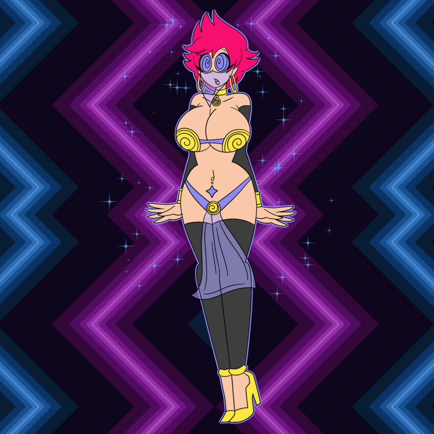 arm_warmers bracelet breasts cleavage collar collarbone earrings earthbound_(series) eyebrows_visible_through_hair female_only femsub harem_outfit high_heels kumatora loincloth mother_3 navel navel_piercing open_mouth piercing pink_hair purple_eyes short_hair simple_background solo sparkle spiralwash_eyes standing standing_at_attention tagme thighhighs veil zombi62
