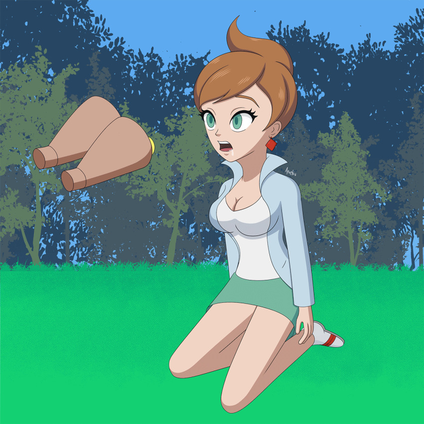 animated animated_gif beheeyem brown_hair cleavage earrings expressionless female_only femsub glowing glowing_eyes hypno_apophis jewelry lab_coat milf nintendo open_mouth pokemon pokemon_black_and_white professor_juniper skirt