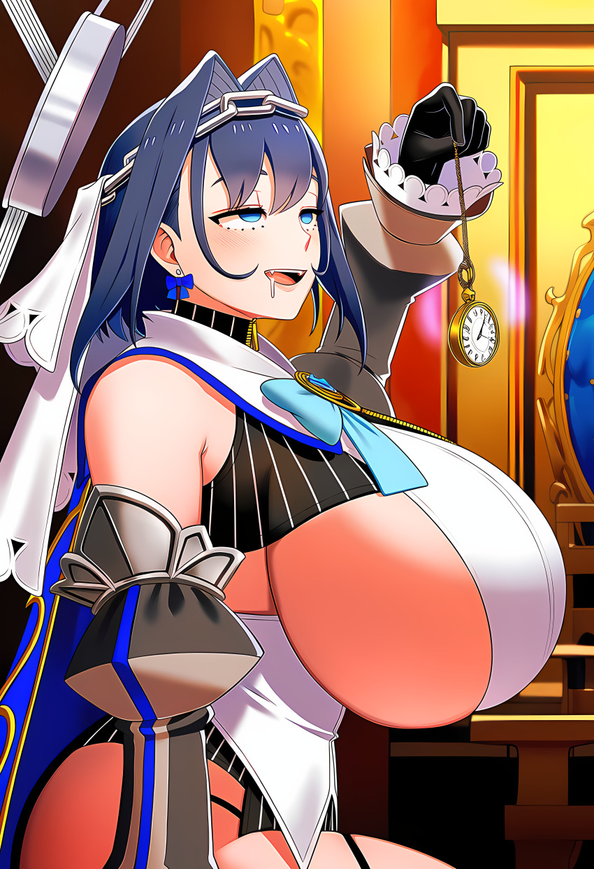 absurdres ai_art drool empty_eyes hololive hololive_english huge_breasts kronii_ouro lillytank_(generator) novelai_(ai) open_mouth pendulum self_hypnosis sideboob smile