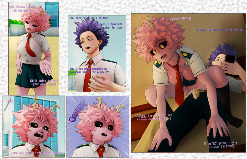 3d absurdres andelx aware bed before_and_after black_sclera body_control bottomless cell_phone clothed_sex comic dialogue empty_eyes english_text expressionless femsub hanging_breasts hitoshi_shinso horns instant_loss light_skin lying maledom mina_ashido my_hero_academia nipples on_back open_clothes open_mouth outdoors penis phone pink_skin purple_eyes purple_hair school_uniform sex shirt short_hair shrunken_irises skirt socks squatting tagme text tie unhappy_trance vaginal yellow_eyes