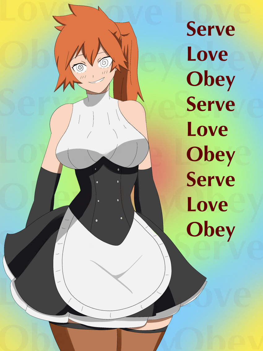 absurdres breasts female_only femsub happy_trance itsuka_kendo large_breasts long_hair maid mantra my_hero_academia orange_hair smile solo spiral_eyes standing syas-nomis symbol_in_eyes text