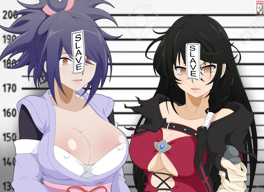 absurdres black_hair breasts bringyourownboobies cleavage empty_eyes erect_nipples female_only hypnotic_accessory large_breasts long_hair open_clothes open_mouth purple_hair sheena_fujibayashi tales_of_(series) tales_of_berseria tales_of_symphonia talisman text velvet_crowe