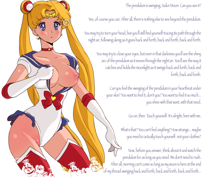 apple_(manipper) blonde_hair boots bow breasts caption choker coin crown drool earrings expressionless femsub gloves inusen jewelry leotard manip nipples pendulum resisting sailor_moon sailor_moon_(series) sleepyhead97_(manipper) solo text thigh_boots topless twintails undressing