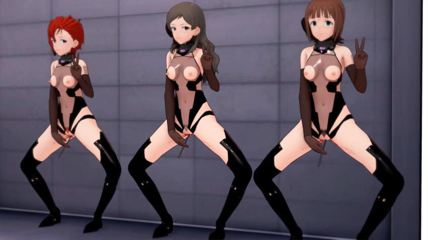 3d bare_shoulders blood blue_eyes boots breasts brown_eyes brown_hair collar empty_eyes expressionless female_only femsub fishnets gloves green_eyes haruka_amami idolmaster_million_live! julia_(idolmaster) koikatsu! leotard long_hair looking_at_viewer masturbation multiple_girls multiple_subs navel nipples opera_gloves pubic_hair qr_code red_hair see-through shiho_kitazawa short_hair smile spread_legs tattoo the_idolm@ster thigh_boots thighhighs torn_clothes v vaginal wwww.