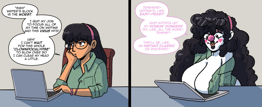 afro ass_expansion before_and_after bimbofication black_hair body_paint bottomless brain_drain breast_expansion breasts brown_eyes cleavage clothed_exposure clown clownification coupytf curly_hair dialogue dress_shirt face_paint femsub glasses hair_band happy_trance huge_breasts humor instant_loss long_hair open_mouth original text transformation very_long_hair