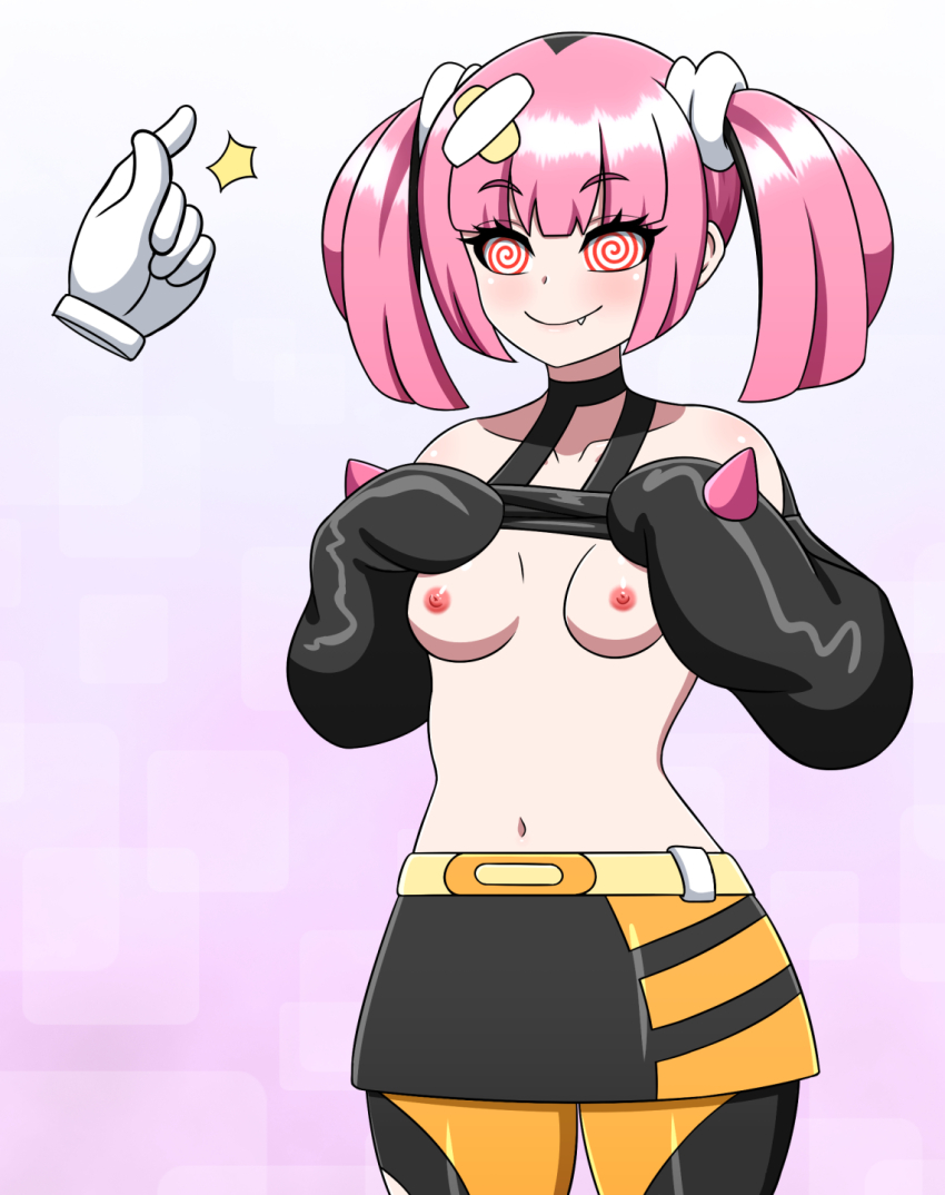 breasts coral_(pokemon) female_only femsub finger_snap gloves happy_trance navel nintendo nipples pink_hair pokemon pokemon_(anime) sharp_teeth shirt_lift short_hair small_breasts smile spiral_eyes standing twintails yensh