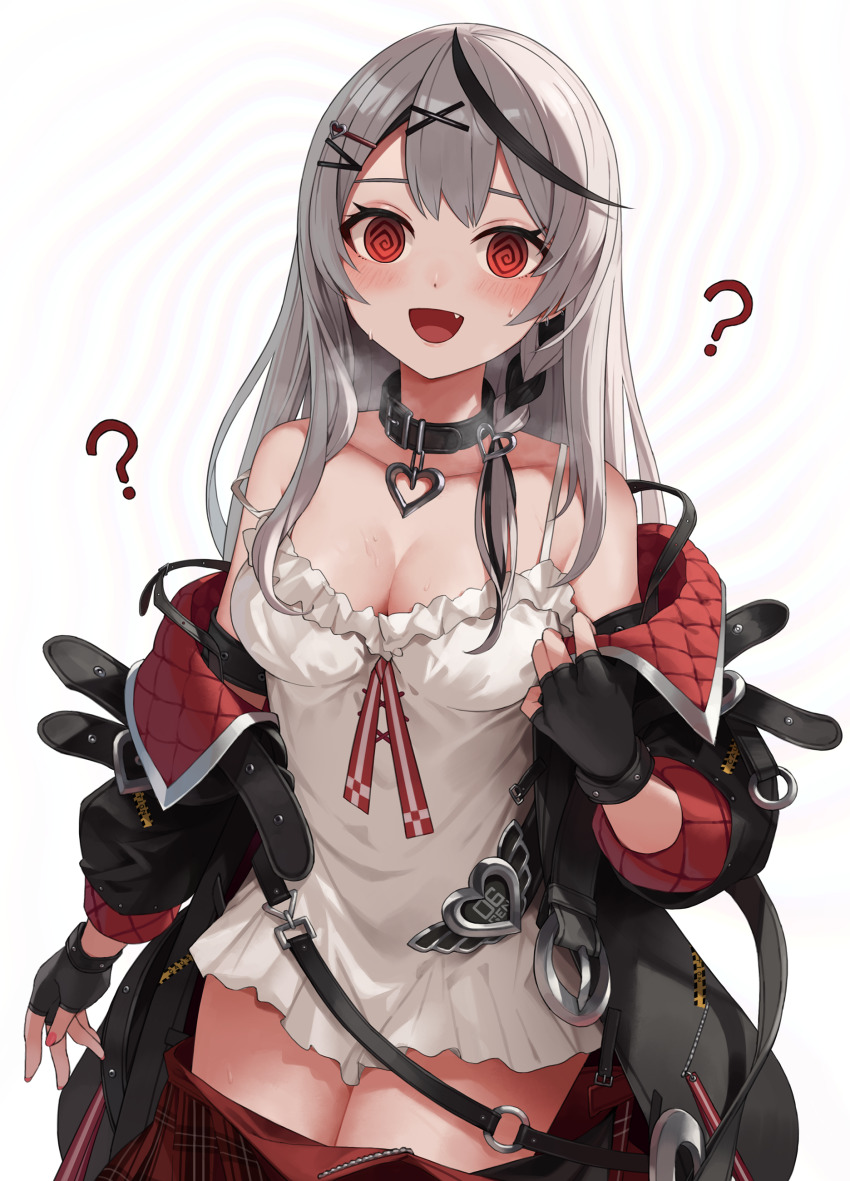 blush camisole chloe_sakamata coat collar confused femsub fingerless_gloves gloves hair_clips hololive kaguya large_breasts long_hair nail_polish open_mouth red_eyes silver_hair skirt smile spiral spiral_eyes sweat thighs undressing virtual_youtuber white_background