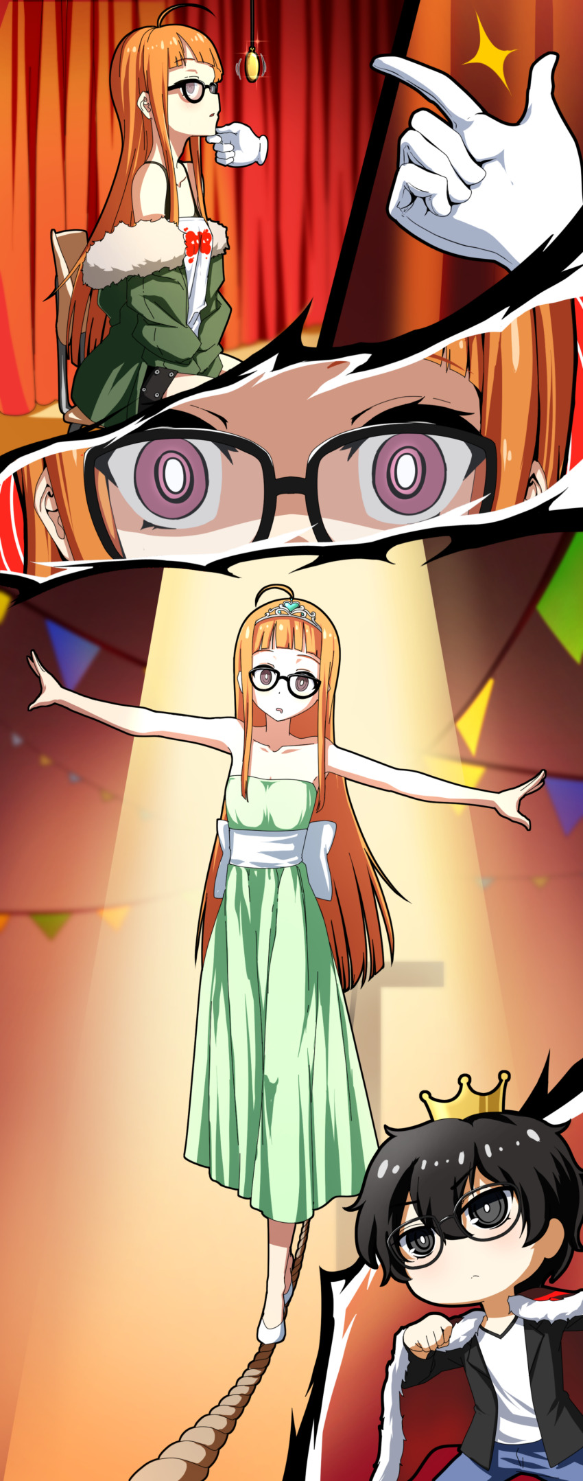 absurdres alternate_costume cape circus coin comic crown dress etlabsotwe expressionless femsub finger_snap flat_chest forced_circus_performer futaba_sakura glasses gloves jewelry joker_(persona_5) open_mouth pendulum persona_(series) persona_5 phantom_hand rope stage_hypnosis unaware
