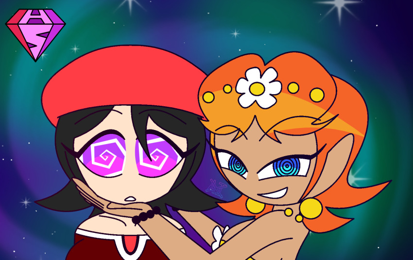 adeleine aged_up alternate_costume bare_shoulders black_hair breasts chin_hold cleavage crossover earrings female_only femdom femsub hat hypnoscream jewelry kirby_(series) looking_at_viewer nintendo orange_hair princess princess_daisy spiralwash_eyes super_mario_bros. tan_skin yuri