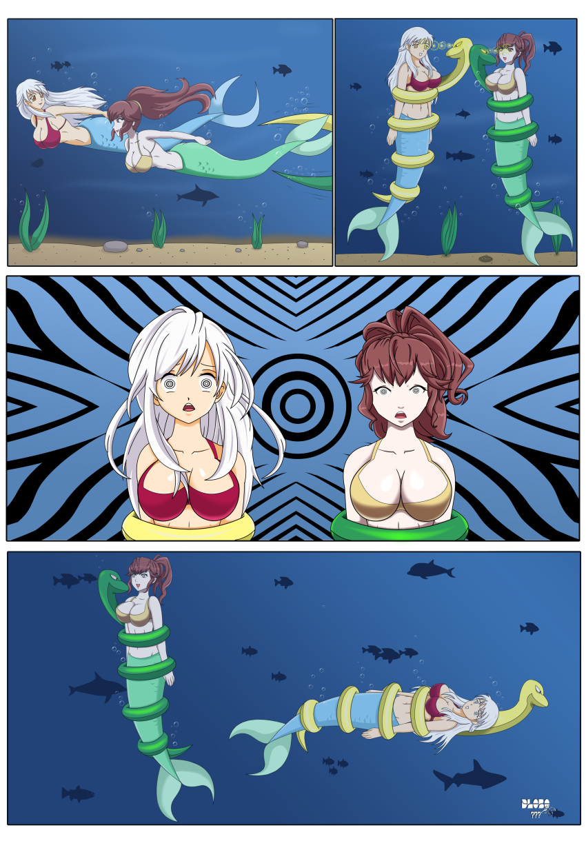 absurdres anna_(fire_emblem) before_and_after bondage bra breasts brown_hair coils comic dlobo777 eye_beams femsub fire_emblem fire_emblem_awakening fire_emblem_radiant_dawn fish_girl hypnotic_eyes large_breasts mermaid micaiah multiple_girls multiple_subs nintendo ring_eyes snake underwater underwear white_hair