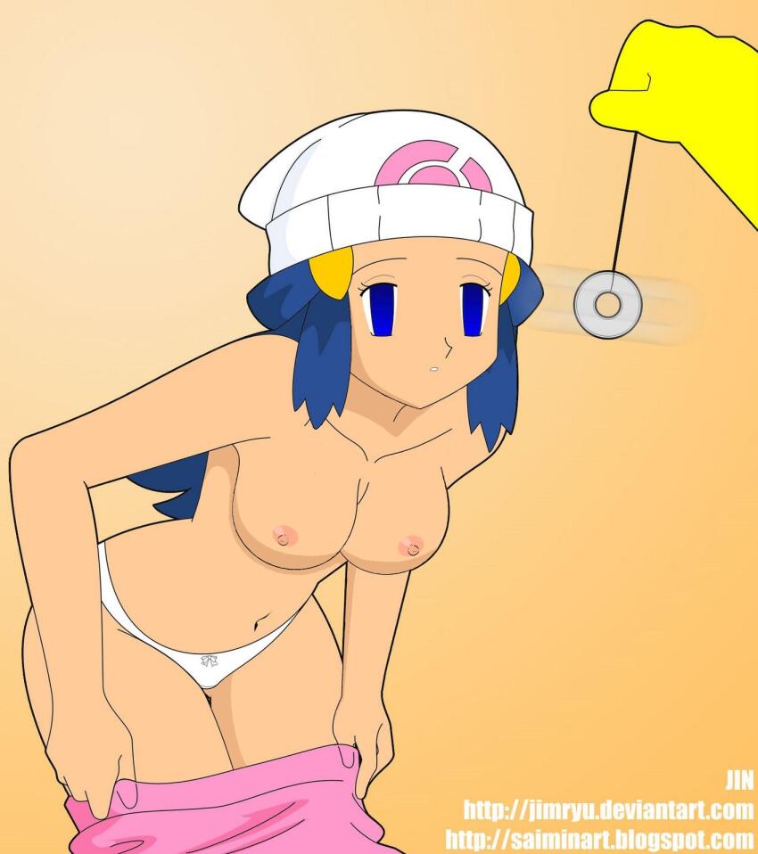 blue_hair dawn empty_eyes femsub hat hypno jimryu long_hair nintendo panties pendulum pokemon pokemon_(anime) pokemon_diamond_pearl_and_platinum text topless underwear undressing