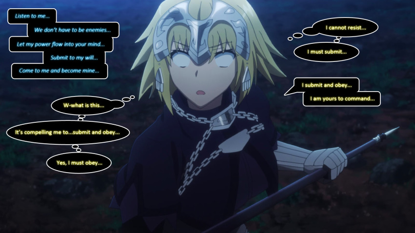 aliensdideverything_(manipper) blonde_hair dazed dialogue fate/apocrypha fate/grand_order fate_(series) female_only femsub jeanne_d'arc_(fate) manip open_mouth speech_bubble text thought_bubble whitewash_eyes