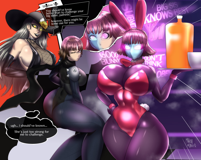 absurdres ass bangs before_and_after bodysuit bow_tie braid breasts brown_hair bunny_ears bunnysuit choker cleavage control_indicator cuffs dialogue dress enemy_conversion eyeshadow fake_animal_ears female_only femdom femsub fishnets glowing glowing_eyes grey_hair hand_on_hip hat hourglass_figure huge_ass huge_breasts hypnotic_eyes leotard mahoumonsterart makoto_niijima mantra mask one_eye_open pantyhose persona_(series) persona_5 pink_eyes red_eyes sae_niijima shadow_bunny short_hair signature speech_bubble spiral_eyes straight-cut_bangs symbol_in_eyes text thought_bubble tray very_long_hair wide_hips yellow_eyes