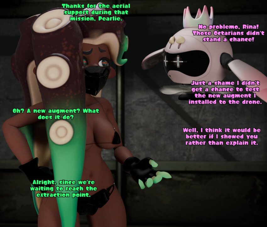 3d aware bikini_armor bikini_top black_hair collarbone crown dark_skin dialogue english_text female_only fingerless_gloves gloves green_eyes green_hair hand_on_hip legoguy9875 marina_(splatoon) mask micro_bikini multicolored_hair navel nintendo pearl_(splatoon) splatoon standing tentacles text very_long_hair