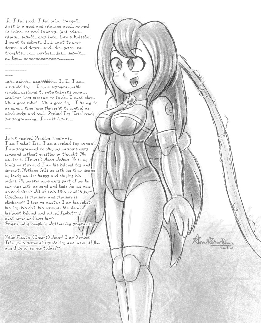 ameerashourdraws bodysuit brown_hair drone fembot femsub happy_trance iris_(megaman_x) latex mantra megaman_(series) megaman_x_(series) monochrome robot robot_girl sketch standing standing_at_attention tagme text wires