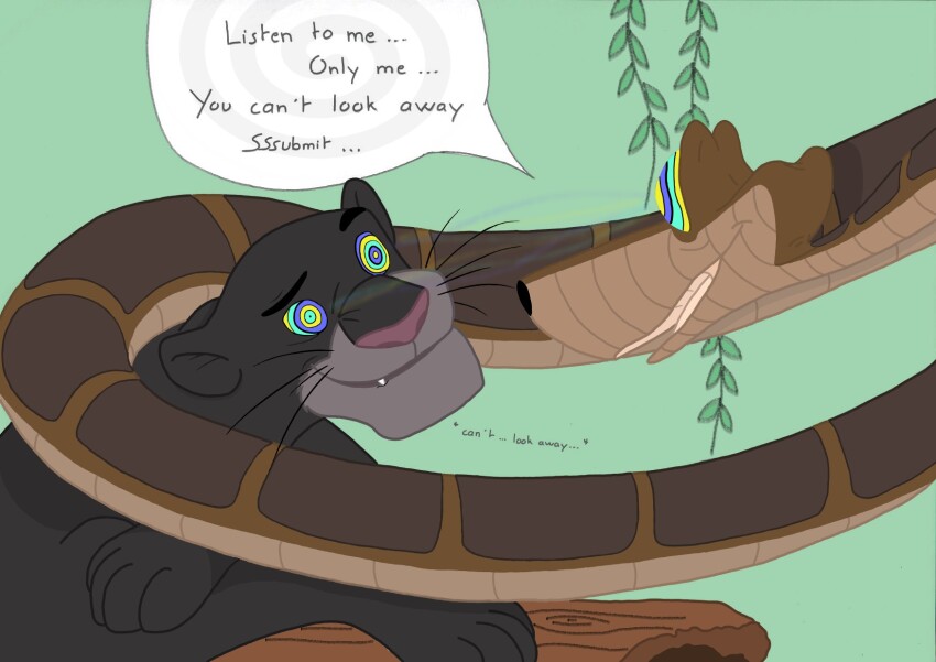 animals_only bagheera dialogue disney happy_trance hypnotic_eyes kaa kaa_eyes male_only maledom malesub panther_boy r3w0lf smile snake speech_bubble text the_jungle_book