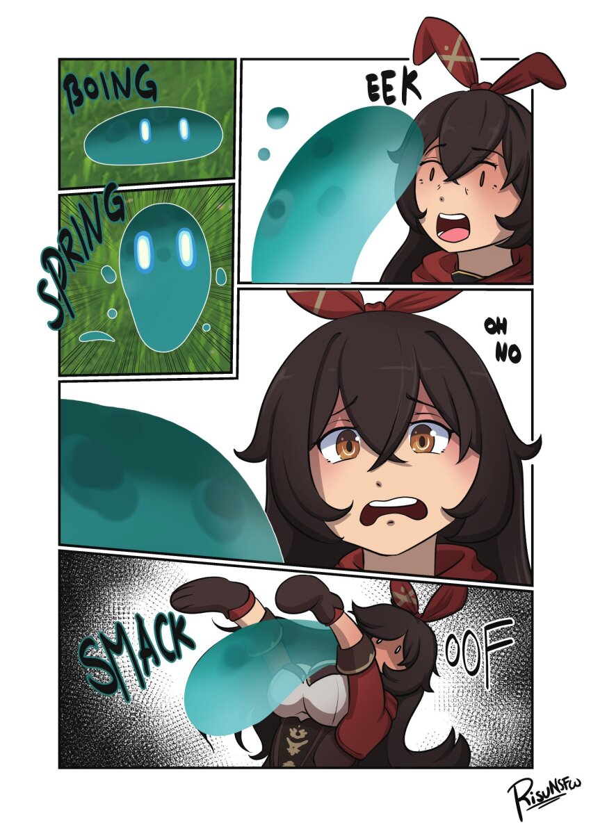 amber_(genshin_impact) brown_hair comic genshin_impact long_hair risunsfw slime tagme text